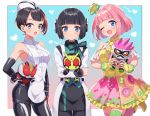  3girls android bangs black_eyes black_hair blue_eyes chibi elbow_gloves gloves highres holding holding_toy humagear_headphones is_(kamen_rider_01) kamen_rider kamen_rider_01_(series) kamen_rider_den-o kamen_rider_den-o_(series) kamen_rider_ex-aid kamen_rider_ex-aid_(series) kamen_rider_zero-one multicolored_hair multiple_girls naomi_(den-o) one_eye_closed pink_hair poppi_pipopapo shinonoko_(tubamecider) short_hair streaked_hair stuffed_toy toy 