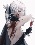  alcohol an-94_(girls_frontline) aqua_eyes arm_up armpits bangs bare_back bare_shoulders black_dress black_gloves black_ribbon blood blood_on_back blood_on_face bloody_clothes bloody_hair braid braided_bun breasts champagne closed_mouth cocktail_dress cocktail_glass commentary_request cup dress drinking_glass earrings expressionless eyebrows_visible_through_hair frilled_gloves frills from_side girls_frontline gloves hair_ribbon hand_behind_head head_tilt highres holding holding_cup jewelry looking_away medium_breasts partial_commentary platinum_blonde_hair ribbon sideboob sidelocks simple_background strapless strapless_dress sushiwa tied_hair white_background 