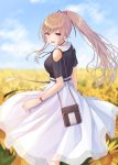  1girl :d absurdres bag bangs bare_shoulders black_shirt blue_sky blurry blurry_background blush breasts brown_hair commentary_request day depth_of_field detached_sleeves eyebrows_visible_through_hair feet_out_of_frame field flower flower_field furen_e_lustario hair_ribbon handbag highres irise long_hair long_skirt looking_at_viewer looking_back medium_breasts nail_polish nijisanji open_mouth outdoors pink_nails ponytail red_ribbon ribbon see-through shirt short_sleeves shoulder_bag sidelocks skirt sky smile solo standing sunflower very_long_hair violet_eyes virtual_youtuber watch watch white_skirt yellow_flower 