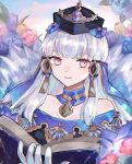  1girl book closed_mouth fire_emblem fire_emblem:_three_houses fire_emblem_heroes flower hair_ornament hat highres holding holding_book long_hair lysithea_von_ordelia open_book pink_eyes repu_(rep_sha) solo twitter_username upper_body white_hair 