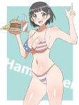  1girl american_flag american_flag_bikini bikini black_hair bob_cut breasts cup flag_print food green_eyes hair_ornament hairclip hamburger highres kagemusha kirigaya_suguha large_breasts looking_at_viewer navel print_bikini print_swimsuit shiny shiny_hair shiny_skin short_hair solo standing swimsuit sword_art_online 