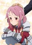  1girl absurdres ako_(antoraacoyu0214) armor blush freckles hair_ornament hairclip half-closed_eyes hand_on_another&#039;s_head highres lisbeth petting pink_hair red_eyes sad short_hair sitting sword_art_online twitter_username 