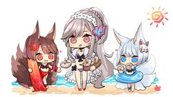  3girls :d akagi_(azur_lane) animal_ears azur_lane bikini blue_bikini blue_eyes brown_hair chibi choker commentary_request doughnut dunkerque_(summer_sucre)_(azur_lane) eating flight_deck flower food fox_ears fox_girl fox_mask fox_tail frills giving hair_flower hair_ornament hairband holding kaga_(azur_lane) kyuubi lolita_hairband long_hair mask mask_on_head midriff multiple_girls multiple_tails open_mouth ponytail purple_bikini putimaxi red_bikini red_eyes short_hair silver_hair simple_background smile sun_(symbol) swimsuit tail violet_eyes white_background white_hair 