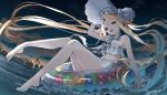  1girl abigail_williams_(fate/grand_order) abigail_williams_(swimsuit) bangs bare_shoulders bikini blonde_hair blue_eyes bonnet bow braid breasts fate/grand_order fate_(series) forehead hair_bow hair_rings highres innertube keyhole legs long_hair navel night night_sky open_mouth parted_bangs sidelocks sitting sky small_breasts smile swimsuit twin_braids twintails very_long_hair water white_bikini white_bow white_headwear yuuuuu 