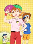  1daijida 1girl 2boys :d bangs blonde_hair blue_shirt brown_eyes brown_hair digimon digimon_adventure gloves goggles goggles_on_head grin hair_between_eyes hands_on_hips kido_jou looking_at_viewer multiple_boys open_mouth pants pink_shirt red_pants shiny shiny_hair shirt short_hair short_sleeves shorts smile solo spiky_hair takenouchi_sora visor_cap white_gloves yagami_taichi yellow_background yellow_shorts 