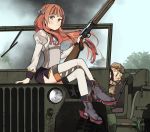  2girls annin_musou black_skirt blonde_hair blush brown_hair closed_mouth commentary_request day eyebrows_visible_through_hair fairy_(kantai_collection) green_eyes grey_shirt ground_vehicle gun helena_(kantai_collection) holding holding_gun holding_weapon jeep juliet_sleeves kantai_collection long_hair long_sleeves motor_vehicle multiple_girls open_mouth pencil_skirt puffy_sleeves shadow shirt skirt smoke thigh-highs weapon weapon_request white_legwear 