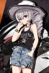  1girl absurdres bangs bare_shoulders black_shirt blue_shorts bronya_zaychik casual chain_necklace cowboy_shot crossed_bangs drill_hair finger_to_mouth grey_eyes grey_hair guaili_shu hand_in_pocket hat highres honkai_(series) honkai_impact_3rd long_hair looking_at_viewer print_shirt shirt shorts sleeveless sleeveless_shirt smile solo standing sun_hat white_headwear 