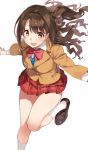  1girl 92m bangs blush breasts brown_eyes brown_hair buttons highres idolmaster idolmaster_cinderella_girls jacket loafers long_hair long_sleeves looking_at_viewer one_side_up open_mouth red_skirt school_uniform shimamura_uzuki shoes simple_background skirt smile socks thighs 