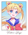  1girl :d bangs bishoujo_senshi_sailor_moon blonde_hair blue_eyes blue_sailor_collar bow bowtie character_name choker circlet collarbone collared_shirt crescent crescent_choker crescent_earrings double_bun earrings eyebrows_visible_through_hair floating_hair hair_ornament hair_tubes jewelry long_hair open_mouth red_bow red_choker red_neckwear sailor_collar sailor_moon sailor_senshi_uniform sailor_shirt shiny shiny_hair shirt short_sleeves smile solo tabby_chan tsukino_usagi twintails twitter_username upper_body very_long_hair white_shirt 