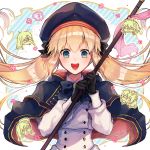  1girl ? artoria_pendragon_(all) artoria_pendragon_(caster) blonde_hair character_request eyebrows_visible_through_hair fate/grand_order fate_(series) gloves green_eyes hair_between_eyes hat holding holding_staff long_hair long_sleeves looking_at_viewer nekoyamiyako open_mouth solo speech_bubble staff standing teeth tongue twintails upper_body 