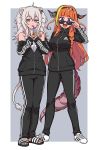  2girls adidas adjusting_eyewear ahoge animal_ears bangs bare_shoulders blonde_hair blush bow breasts cup dragon_horns dragon_tail drinking drinking_straw earrings eyebrows_visible_through_hair full_body grey_eyes grey_hair hair_between_eyes hairband highres holding hololive horn_bow horns jacket jewelry kiryuu_coco large_breasts lion_ears lion_girl lion_tail long_hair looking_at_viewer multicolored_hair multiple_girls open_mouth orange_hair pants partially_unzipped sandals shishiro_botan shoes smile sneakers solo sportswear standing sunglasses sweatpants tail violet_eyes virtual_youtuber yoban 
