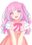  1girl absurdres aikatsu!_(series) aikatsu_planet! ann_(aikatsu!) bangs blue_hair blunt_bangs blush dress eyebrows_visible_through_hair frilled_sleeves frills highres multicolored_hair neck_ribbon open_mouth pink_dress pink_eyes pink_hair pink_ribbon ribbon round_teeth sekina simple_background smile solo teeth two-tone_hair two_side_up upper_body white_background 