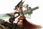  1girl bra cape closed_mouth commentary cowboy_shot dark_skin dated edpan from_side glint guilty_gear guilty_gear_strive hat highres huge_weapon profile ramlethal_valentine shorts signature solo standing sword underwear weapon white_background white_bra white_cape white_hair white_shorts 