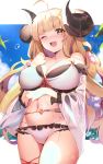  1girl ;d absurdres ahoge anila_(granblue_fantasy) bangs bikini blonde_hair blue_sky blunt_bangs blush breasts clouds commentary_request day detached_sleeves draph eyebrows_visible_through_hair fang fantongjun granblue_fantasy highres horns large_breasts long_hair looking_at_viewer navel one_eye_closed open_mouth sheep_horns skin_fang sky smile solo sweat swimsuit white_bikini 
