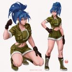  1girl bangs black_gloves blue_hair boots earrings gloves green_jacket green_shorts high_ponytail jacket jewelry leona_heidern marcosilvart midriff military military_uniform multiple_views navel ponytail shorts signature simple_background soldier the_king_of_fighters uniform watermark web_address white_background 