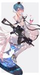  1girl assault_rifle bangs blue_hair blush character_name crown cup dress drinking_glass eyebrows_visible_through_hair girls_frontline gloves gun hair_between_eyes hairband high_heels highres hourglass mini_crown pantyhose parted_lips rifle short_hair sitting solo soukou_makura sparkle two-tone_background violet_eyes weapon white_background white_dress white_gloves white_legwear wine_glass zas_m21_(girls_frontline) 