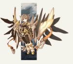  1girl arm_at_side brown_hair clenched_hand full_body gauntlets looking_at_viewer pixiv_fantasia pixiv_fantasia_age_of_starlight satou_(terzoterzo) simple_background smile solo violet_eyes wings 