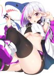  1girl :o ass bandeau bare_shoulders belt black_legwear black_shorts breasts headphones headphones_around_neck highres holding indie_virtual_youtuber jacket komori_kuzuyu long_sleeves looking_at_viewer medium_breasts midriff multicolored_hair nail_polish open_clothes open_jacket open_mouth purple_nails red_eyes shoes short_hair short_shorts shorts sleeveless solo streaked_hair stuffed_animal stuffed_shark stuffed_toy stylus thigh-highs thighs under_boob v virtual_youtuber white_footwear white_hair white_jacket 