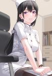  1girl :d bangs black_choker black_hair black_legwear blurry blurry_background blush breasts chair choker collared_shirt commentary_request eyebrows hair_ornament hair_scrunchie hat highres id_card indoors kfr large_breasts long_hair looking_at_viewer notepad nurse nurse_cap office open_mouth original pantyhose scrunchie shirt short_sleeves sitting smile solo teeth very_long_hair violet_eyes watch watch white_scrunchie 
