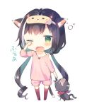  1girl animal_ear_fluff animal_ears black_hair blush bow cat_ears cat_girl cat_tail commentary_request fang full_body green_eyes hair_bow hand_up holding holding_stuffed_animal karyl_(princess_connect!) long_hair long_sleeves low_twintails mask mask_on_head multicolored_hair no_shoes off_shoulder one_eye_closed open_mouth pink_shirt pink_shorts princess_connect! princess_connect!_re:dive red_bow red_legwear rubbing_eyes shirt short_shorts shorts simple_background sleep_mask sleepy solo standing streaked_hair stuffed_animal stuffed_cat stuffed_toy tail thigh-highs translation_request twintails very_long_hair waking_up wavy_mouth white_background white_hair yuizaki_kazuya 