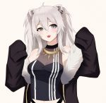  1girl :d ahoge animal_ears bare_shoulders blush breasts earrings eyebrows_visible_through_hair fangs fur-trimmed_jacket fur_trim grey_eyes grey_hair hair_between_eyes hands_up hololive jacket jewelry large_breasts lion_ears lion_girl long_hair looking_at_viewer necklace open_mouth shirt shishiro_botan sleeveless sleeveless_shirt sleeves_past_fingers sleeves_past_wrists smile solo sylviez virtual_youtuber 