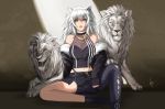  1girl absurdres animal_ears arknights bangs bare_shoulders black_footwear black_jacket breasts commentary elo_(elohasdied) grey_eyes hair_between_eyes highres hololive jacket knee_up large_breasts lion lion_ears long_hair long_sleeves looking_at_viewer midriff navel off_shoulder open_clothes open_jacket open_mouth shishiro_botan shoes silver_hair sitting thighs 