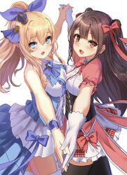  2girls :d absurdres arm_up bangs bare_shoulders black_legwear blonde_hair blue_eyes blush bow bowtie breast_press breasts brown_eyes brown_hair character_request cowboy_shot crown dress eyebrows_visible_through_hair from_side gloves hair_between_eyes hair_bow hair_ornament highres holding_hands idol interlocked_fingers long_hair looking_at_viewer looking_to_the_side manichi medium_breasts mini_crown multiple_girls open_mouth original plaid pleated_skirt ponytail puffy_short_sleeves puffy_sleeves red_bow ribbon short_sleeves sidelocks simple_background skirt smile standing symmetrical_docking thigh-highs two_side_up white_background white_legwear wrist_cuffs zettai_ryouiki 