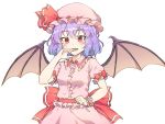  1girl :d bangs bat_wings blue_hair blush bow breasts brown_wings caramell0501 collared_shirt commentary_request eyebrows_visible_through_hair fang frilled_shirt frilled_shirt_collar frills hair_between_eyes hand_up hat hat_ribbon mob_cap open_mouth pink_headwear pink_shirt pink_skirt puffy_short_sleeves puffy_sleeves red_bow red_eyes red_ribbon remilia_scarlet ribbon shirt short_sleeves simple_background skirt small_breasts smile solo touhou white_background wings 