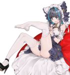  1girl absurdres animal_ears aqua_eyes azur_lane bare_shoulders black_hair blue_hair blue_nails blush breasts cheshire_(azur_lane) detached_sleeves eyebrows_visible_through_hair fang frilled_hairband frills hairband highres large_breasts maid_headdress multicolored_hair nail_polish open_mouth pepperdevil puffy_sleeves ribbon short_hair sidelocks simple_background sitting smile solo streaked_hair thigh-highs thighhighs_pull thighs white_background white_legwear wrist_cuffs 