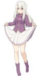  1girl ascot bangs bare_legs blonde_hair blush boots fate/stay_night fate_(series) frilled_skirt frills full_body illyasviel_von_einzbern jacket lifted_by_self long_hair long_sleeves looking_at_viewer purple_jacket red_eyes shiseki_hirame skirt skirt_lift smile solo white_skirt 