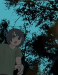  1girl blue_sky brown_eyes chromatic_aberration commentary_request dappled_sunlight grey_hair highres looking_at_viewer looking_down open_mouth original short_hair short_sleeves sky solo sunlight tree turquoise_iro 