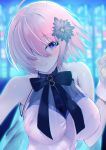  1girl ahoge bangs bare_shoulders black_bow black_flower blurry blurry_background blush bow breasts closed_mouth commentary_request depth_of_field dress eyebrows_visible_through_hair fate/grand_order fate_(series) flower gloves hair_flower hair_ornament hair_over_one_eye hand_up highres mash_kyrielight medium_breasts noto_kurumi pink_hair sleeveless sleeveless_dress smile solo upper_body violet_eyes white_dress white_gloves 