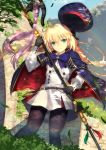  1girl artoria_pendragon_(all) artoria_pendragon_(caster) blonde_hair commentary_request eyebrows_visible_through_hair fate/grand_order fate_(series) feet_out_of_frame gloves green_eyes hair_between_eyes hat highres holding holding_staff long_hair long_sleeves looking_at_viewer mishiro0229 pantyhose smile solo staff standing 