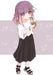  1girl bangs bendy_straw black_footwear black_skirt blush braid brown_hair cup disposable_cup drink drinking drinking_straw eyebrows_visible_through_hair floral_background full_body gradient_hair grey_background hair_ornament hair_ribbon hairclip heart highres holding holding_cup kantai_collection long_hair long_skirt looking_at_viewer multicolored_hair pleated_skirt purple_hair red_ribbon ribbon ridy_(ri_sui) sandals shirt short_sleeves sidelocks skirt socks solo standing tsushima_(kantai_collection) two-tone_background violet_eyes white_background white_legwear white_shirt wide_sleeves 