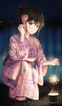  1girl absurdres bangs black_hair blurry blurry_background braid breasts brown_hair commentary_request depth_of_field fireworks floral_print flower hair_bun hair_flower hair_ornament hand_up highres holding huge_filesize japanese_clothes kimono long_sleeves looking_at_viewer medium_breasts night obi original pink_flower pink_kimono print_kimono red_eyes sandals sash short_hair solo sparkler squatting striped striped_kimono toes tokkyu wide_sleeves yukata 