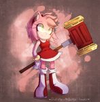  1girl amy_rose animal_ears arm_behind_back artist_name bangs blush boots breasts closed_mouth commentary dress english_commentary full_body furry gloves green_eyes hairband hammer happy heart holding holding_weapon huge_weapon knee_boots light_blush medium_breasts pink_background pink_hair red_dress red_footwear red_hairband short_hair simple_background sketch sleeveless sleeveless_dress smile solo sonic_the_hedgehog spacecolonie standing tumblr_username weapon white_gloves 