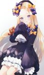  1girl abigail_williams_(fate/grand_order) bangs black_bow black_dress black_headwear blonde_hair blue_eyes blush bow breasts dress fate/grand_order fate_(series) forehead hair_bow hat highres long_hair looking_at_viewer multiple_bows orange_bow parted_bangs parted_lips polka_dot polka_dot_bow ribbed_dress simple_background sleeves_past_fingers sleeves_past_wrists small_breasts smile stuffed_animal stuffed_toy teddy_bear tellmedor white_background white_bloomers 