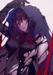  1girl arm_up bodysuit breasts fate/grand_order fate_(series) gae_bolg highres hiro_(hirohiro_gorira) large_breasts leotard long_hair parted_lips polearm purple_bodysuit purple_hair purple_leotard red_eyes scathach_(fate)_(all) scathach_(fate/grand_order) solo spear torn_bodysuit torn_clothes veil weapon 