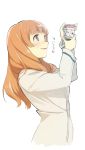  1girl :d check_copyright copyright_request eyebrows_visible_through_hair from_side hands_up heart highres holding jacket long_hair long_sleeves nonco open_mouth orange_hair original simple_background smile solo upper_body violet_eyes white_background white_jacket 