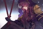  1girl armor bodysuit breasts eyebrows_visible_through_hair fate/grand_order fate_(series) from_side gae_bolg hair_between_eyes highres large_breasts lingzi long_hair parted_lips pauldrons purple_hair red_eyes scathach_(fate)_(all) scathach_(fate/grand_order) shoulder_armor sidelocks sitting solo 