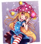  1girl american_flag_dress american_flag_legwear blonde_hair blush_stickers breasts clownpiece dress fairy_wings fang fire floating_hair hat highres holding jester_cap long_hair looking_at_viewer open_mouth pantyhose pink_eyes pink_headwear polka_dot shen_li short_dress skin_fang sleeveless sleeveless_dress small_breasts smile solo star-shaped_pupils star_(symbol) star_print striped symbol-shaped_pupils torch touhou transparent_wings very_long_hair wings 