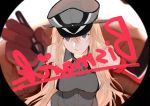  1girl bangs bare_shoulders bismarck_(kantai_collection) blonde_hair blue_eyes breasts brown_gloves character_name circle circle_cut elbow_gloves gloves hair_between_eyes hat heart kantai_collection long_hair okayu_(papiko1111) peaked_cap smile solo upper_body writing 