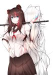  2girls absurdres animal_ears arknights back-to-back bear_ears black_choker black_hair black_skirt blue_eyes blue_hair choker commentary_request cowboy_shot highres long_hair looking_at_viewer multicolored_hair multiple_girls pinky_out red_neckwear redhead rosa_(arknights) samip shirt short_sleeves silver_hair simple_background skirt standing streaked_hair very_long_hair white_background white_shirt zima_(arknights) 