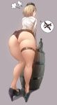  1girl ass barrel black_panties blonde_hair bottle commentary garrison_cap girls_frontline hat high_heels highres looking_back mp40_(girls_frontline) panties short_hair simple_background solo speech_bubble thick_thighs thigh_strap thighs triangle_bullet underwear weight_conscious 