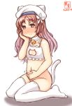  1girl alternate_costume animal_ears artist_logo bell bell_choker blush bra brown_eyes brown_hair cat_cutout cat_ears cat_lingerie cat_tail choker cleavage_cutout commentary_request dated flower frilled_bra frills hair_flower hair_ornament hand_on_own_face hand_on_own_stomach hat highres implied_pregnancy jingle_bell kanon_(kurogane_knights) kantai_collection long_hair meme_attire no_panties nose_blush sailor_hat simple_background solo tail thigh-highs underwear underwear_only wavy_hair white_background white_bra white_legwear yashiro_(kantai_collection) 