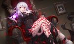  1girl chair commentary_request corruption dark_sakura dress eyebrows_visible_through_hair fate/stay_night fate_(series) gabiran heaven&#039;s_feel long_hair looking_at_viewer matou_sakura photo_(object) picture_frame red_eyes sitting solo tohsaka_rin tongue tongue_out white_hair 