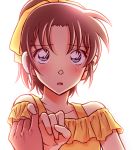  1girl :o backlighting bangs blue_eyes blush brown_hair commentary_request eyebrows_visible_through_hair hair_ribbon looking_at_viewer meitantei_conan official_style open_mouth orange_shirt out_of_frame pinky_swear ponytail pov pov_hands ribbon sahara_4062 shirt short_hair simple_background solo_focus tooyama_kazuha upper_body white_background yellow_ribbon 