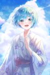  1girl absurdres alternate_costume alternate_eye_color bangs blue_hair blue_sky blush breasts clouds cloudy_sky day floral_print flower_knot green_eyes hair_ornament hand_up highres japanese_clothes kimono lisi long_sleeves looking_at_viewer open_mouth pink_ribbon print_kimono re:zero_kara_hajimeru_isekai_seikatsu rem_(re:zero) ribbon short_hair sky solo symbol_commentary upper_body white_kimono wide_sleeves x_hair_ornament 