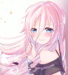  1girl bare_shoulders black_shirt blue_eyes blush cevio commentary floating_hair from_side frown highres ia_(vocaloid) long_hair nail_polish off-shoulder_shirt off_shoulder pink_hair pink_nails shirt solo tsukizuumi upper_body very_long_hair vocaloid 
