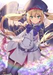  1girl artoria_pendragon_(all) artoria_pendragon_(caster) belt belt_buckle blonde_hair blush bow bowtie buckle commentary_request copyright_name eyebrows_visible_through_hair fate/grand_order fate_(series) green_eyes hair_between_eyes hat holding holding_staff long_hair looking_at_viewer pantyhose sheath sheathed skirt smile solo staff sword twintails weapon yoshimoto_(dear_life) 